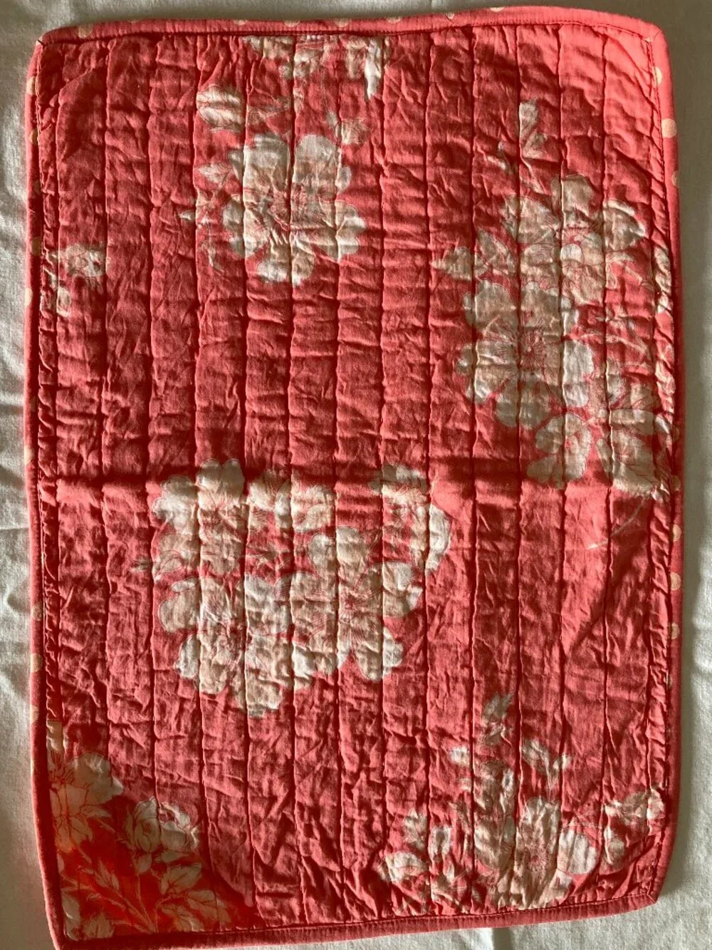 6 new April Cornell quilted floral placemats, coral pink, + 1 used, 7 total